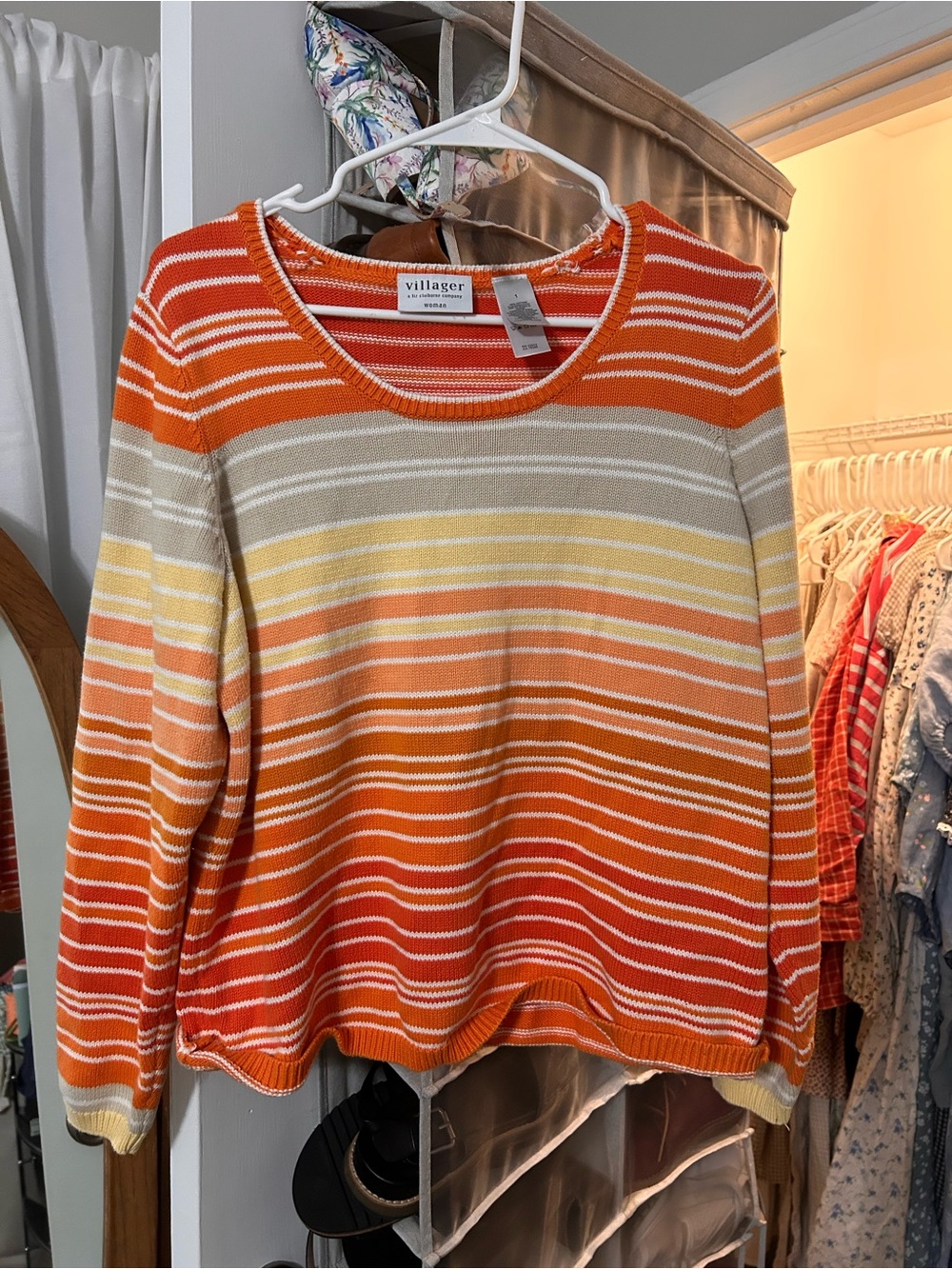 Villager Liz Clairborne Sunset Orange Striped Pullover Sweater